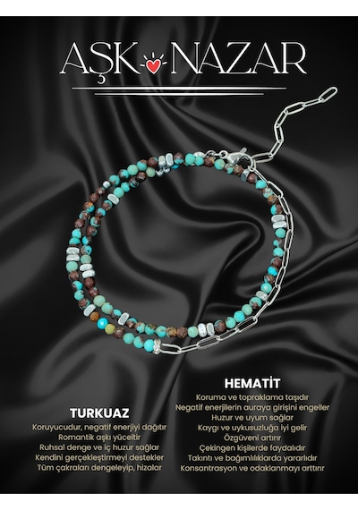 Sertifikalı Turkuaz Ve Hematit Doğal Taşlı Çelik Bileklik Mavi