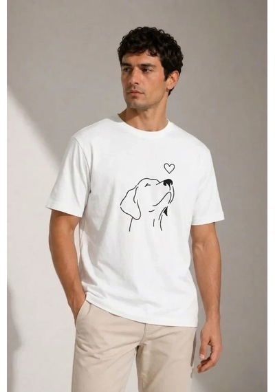 Defymoda Erkek Köpek Figürlü Minimal Baskılı Tişört Kısa Kol Yazlık T-shirt - Beyaz