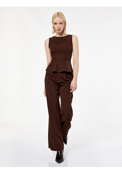 Koton Bisiklet Yaka Kolsuz Peplum Bluz Kahverengi 6wak60105pw Kahve