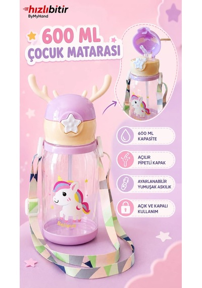 Bymyhand Kız Çocuk Karışık Figürlütaşıma Kulplu Kilit Kapaklı Pipetli Suluk Okul Matarası 600 Ml 1 A Çok Renkli