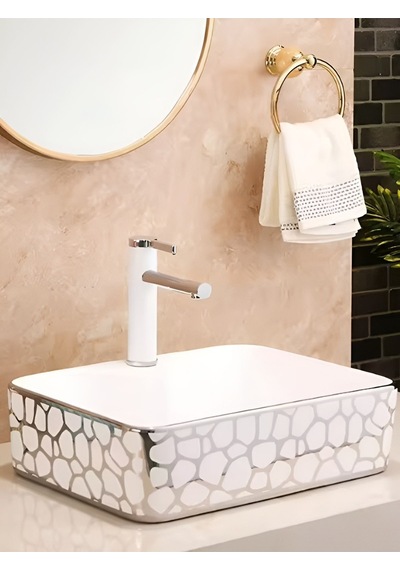 Yuen Banyo Lavabosu Tezgah Üstü Çanak Banyo Lavabosu Doğal Taş Gümüş Desenli 48x37x14 Ölçülerinde Krom