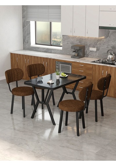 Azra 70x110cm Bendir Mutfak Masası, Mutfak Masası Takımı, Yemek Masası, 4 Kahverengi Sandalye Kahverengi