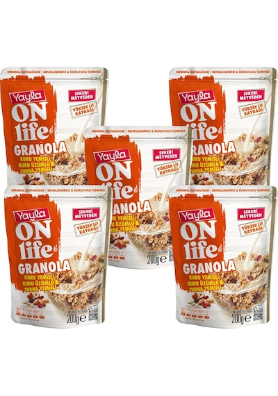 Yayla Onlife Kuru Yemişli Kuru Üzümlü Ve Turna Yemişli Granola 200 G X5