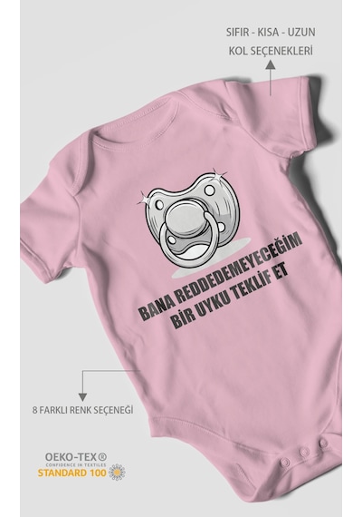 Bana Reddedemeyeceğim Bir Uyku Teklif Et Baskılı Bebek Zıbını Çıtçıtlı Body 8 Renk %100 Pamuk Kısa Kol Koyu Pembe