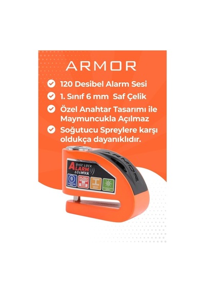 Armor Alarmlı Motorsiklet Disk Kilidi Çelik Gövde 606 Mva 6mm-turuncu