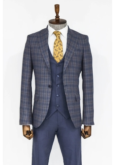 Ekose Ceketli Slim Fit Mavi Erkek Takım Elbise - Wessi Mavi
