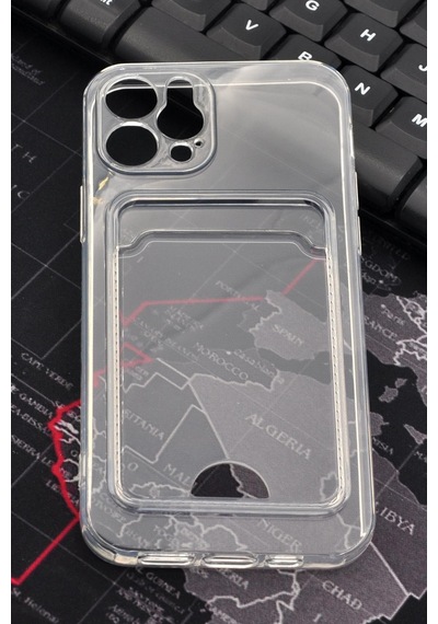 Apple Uyumlu iPhone 12 Pro Kredi Kartlıklı Şeffaf Kılıf Kamera Korumalı