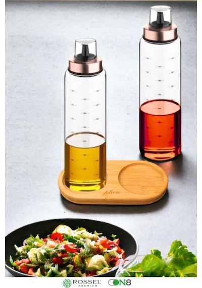 Rossel Premium Bambu Standlı Damlatmaz Borosilikat 2'li Cam Yağlık 500ml Bakır