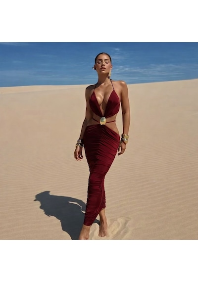 Pink Life Bordo Sandy Kumaş Toka Det.dekolteli Midi Elbise Bordo
