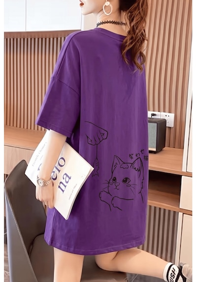 Fish And Cat Kadın Oversize Basic Bisiklet Yaka Pamuklu T-shirt Rahat Kesim Unisex Mor
