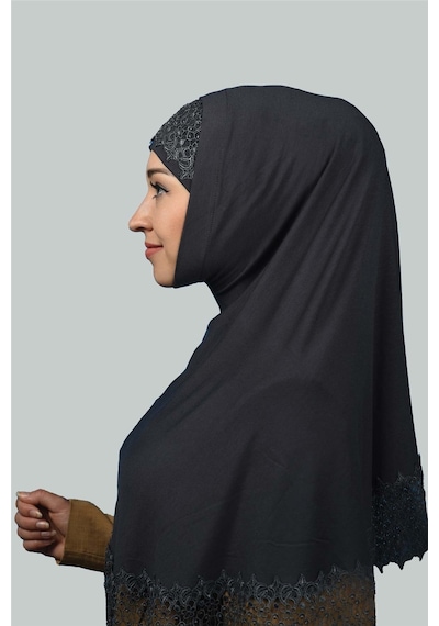 Altobeh İkili Set Dantelli Pratik Eşarp Hazır Hijab Ve Tesettür Bonesi Xl Füme