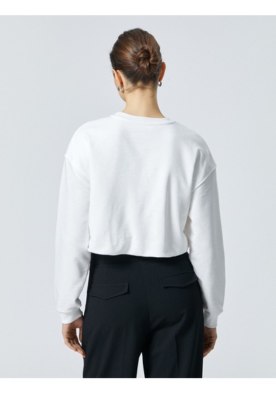 Koton Crop Sweatshirt Baskılı Bisiklet Yaka Pamuklu Beyaz 4sak10207ek Beyaz