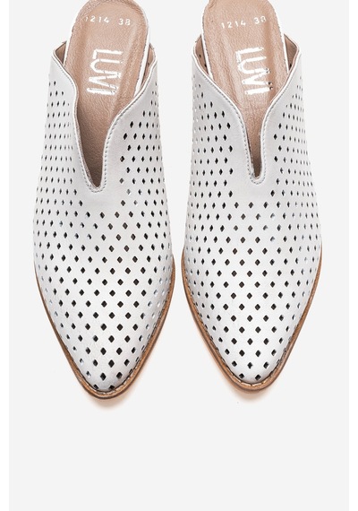 Luvishoes Toen Beyaz Cilt Hakiki Deri Kadın Kalın Topuklu Terlik