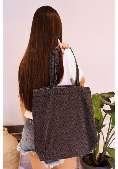İcone Bag Desenli Yıkamalı Denim Kadın Çantası, Geniş Hacimli, Desenli El Ve Omuz Bez Çanta Shopper Antrasit