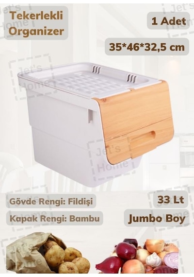 Tekerlekli Sebzelik Bpa Free Soğanlık Oyuncaklık Organizer Bambu Desen 33 Lt Bambu