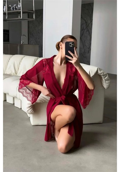 Semel Kadın Şık Tasarım Bordo Dantel İşlemeli Body Suit Ve Tül Gecelik Takımı