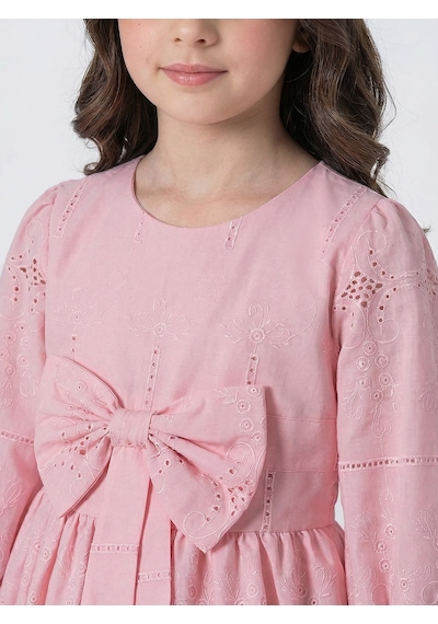 Pina Kids Kız Çocuk Uzun Kollu Önü Kurdelalı Fisto Elbise Pembe