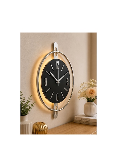 Pey Aksesuar 50x70 Cm Metal Ahşap Ve Işığın Muhteşem Uyumu Duvar Saati Dekoratif Metalik