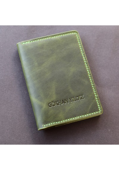 Leather Craft Hakiki Deri Isme Özel Pasaport Kılıfı - Yeşil