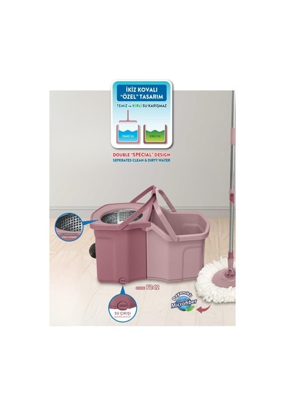 Twin Turbo Pedallı Çelik Mop Set, Temiz Ve Kirli Suyu Ayıran Otomatik Temizlik Seti 1+1 Mop Pembe