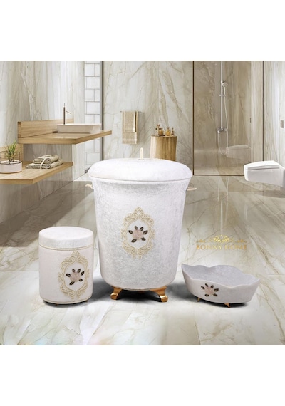 Shems Krem 3Lü Kadife Banyo Kirli Çamaşır Sepeti Seti Krem