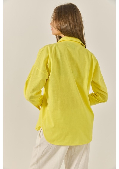 Kadın Çift Cepli Oversize Keten Gömlek 40861002 - Sarı