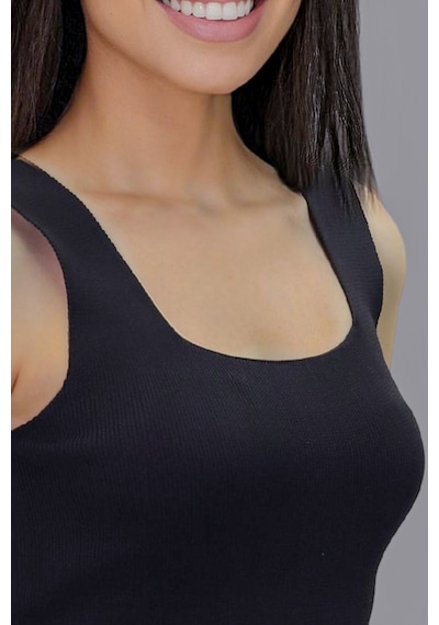 Kadın Siyah Fitilli Halter Yaka Sıfır Kol Triko Yazlık Askılı Std Siyah