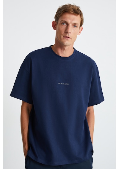 Grimelange Rıver Erkek Oversize Fit Bol Kesim Nakış Işlemeli Basic Örme Lacivert T-shirt Lacivert
