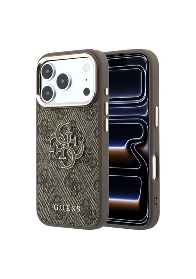 Apple iPhone Uyumlu 18 Pro  Kılıf Guess  Lisanslı 4g Büyük Resin Logolu Pu Kapak Kahverengi