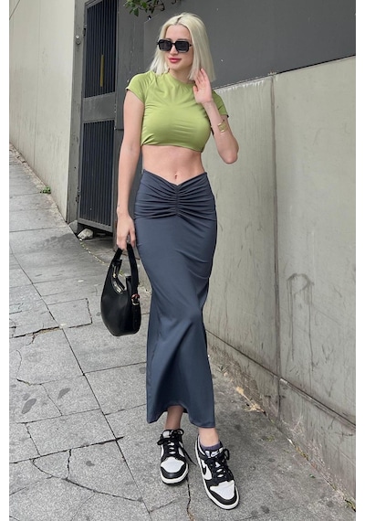 Madmext Füme Önden Büzgülü Midi Etek Mg2084 Füme