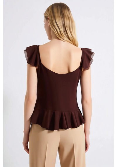Benerly Kadın Bluz V Yaka Fırfırlı Kol Crop Tül Örme Düğmeli Fitted Düz D Kahverengi