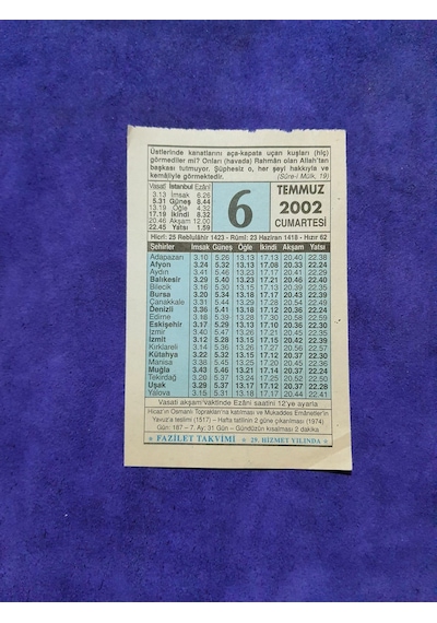 6 Temmuz 2002 Takvim Yaprağı - Nostalji Koleksiyonluk Takvim Yaprağı