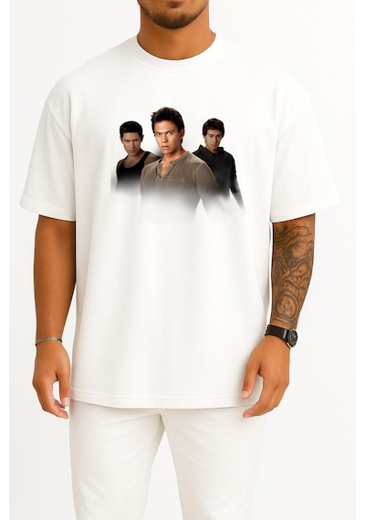 Bahriyeli Collection Oversize Tyson Houseman Robert Pattinson Booboo Stewart Göğüs Tasarımlı Unisex T-shirt Beyaz