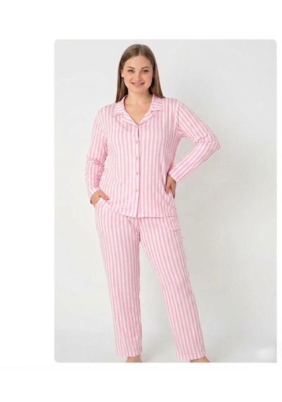 Oreiro Kadın Pembe Çizgili Bambu Pijama Takımı - Düğmeli Gömlek Yaka Uzun Kollu Ev Giyimi Seti Beyaz - Pembe Oreiro Kadın Pembe Çizgili Bambu Pijama Takımı - Düğmeli Gömlek Yaka Uzun Kollu Ev Giyimi Seti Beyaz - Pembe