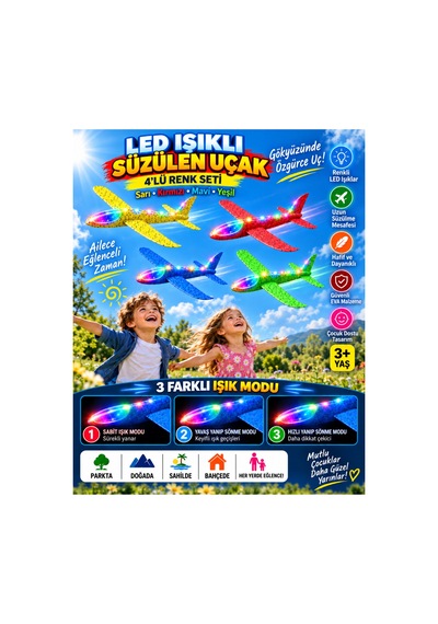 4 Lü Led Işıklı Köpük Uçak Seti Sarı, Kırmızı, Mavi & Yeşil Hafif Dayanıklı Fırlatma Uçağı Açık Hava Oyuncağı - 922589726