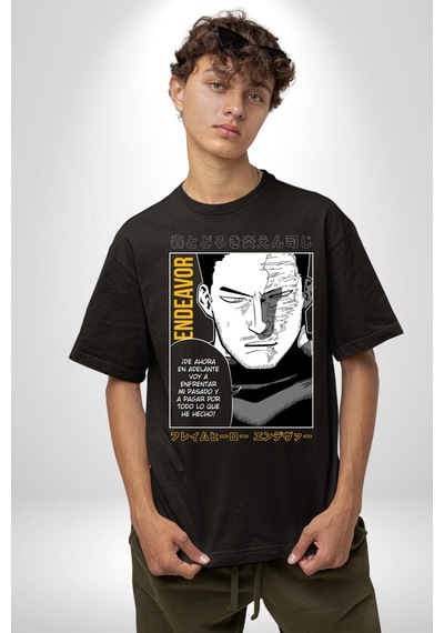 Enji Todoroki Manga Pamuklu Bisiklet Yaka Unisex Oversize Boyfriend Dijital Baskılı Siyah T-shirt Siyah