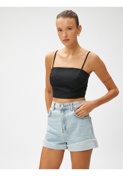 Koton Keten Karışımlı Crop Bluz Siyah 3sak30007pw 3SAK30007PW999
