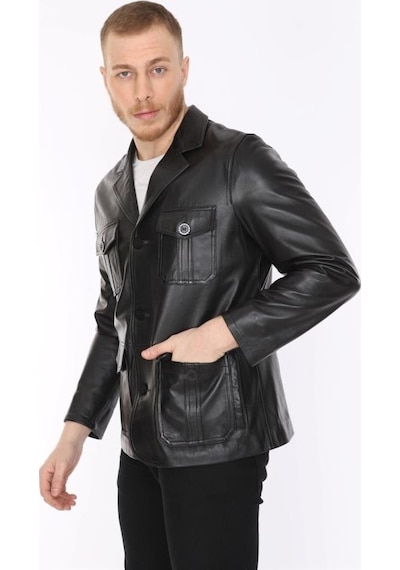 Hakiki Deri Siyah Blazer Cepli Erkek Deri Ceket Siyah