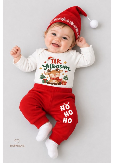 Babyden's Bebek Yılbaşı Takımı İlk Yılbaşım Baskılı Noel Kıyafeti %100 Pamuk 3'lü Body Pantolon Noel Şapkası Yılbaşı Kostüm Beyaz - Kırmızı