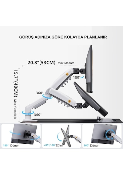 Nb F80-xe Beyaz Ergonomik Monitör Tutucu 17-30 İnç, 2-9 Kg, Amortisörlü Vesa Monitör Standı