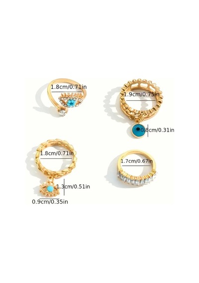 Alune Gold 4 Adet Nazar Gözlü Taşlı Tasarım Bohem Tarz Vintage Çoklu Altın Yüzük Seti