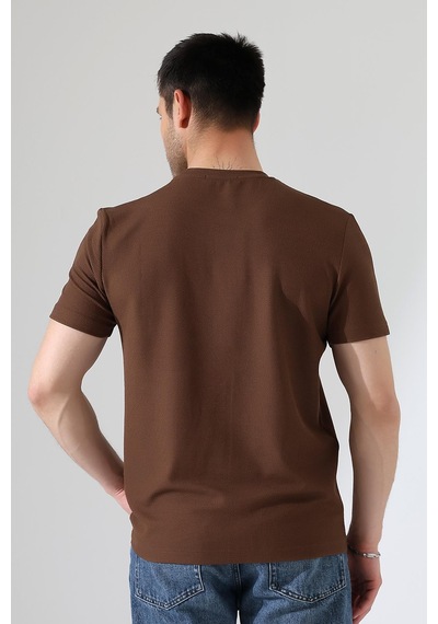 Erkek Fitilli Slim Fit Bisiklet Yaka Düz Renk T-shirt Kahverengi