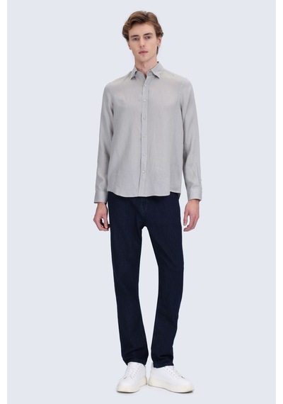 Hatemoğlu Yeşil Comfort Fit Düğmeli Yaka %100 Keten Uzun Kollu Casual Gömlek