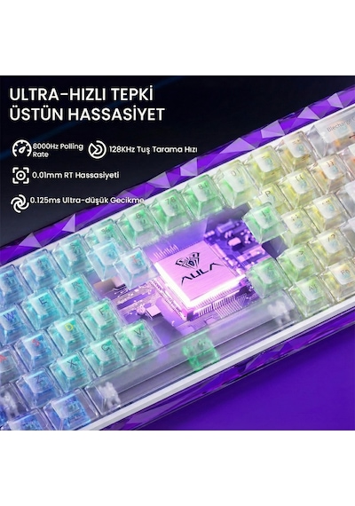 Aula Hero 68 He Manyetik Klavye Rapid Trigger Silver Switch 8000hz Rgb Neon Tkl Hot Swap Oyuncu Klavyesi Şeffaf