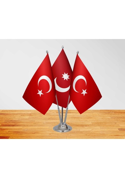 Masa Üstü Osmanlı Devleti Bayrağı Türk Bayrağı + Üçlü Direk Masa