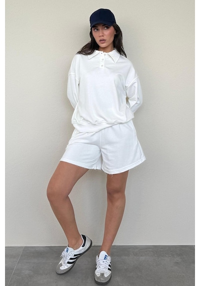 Madmext Ekru Polo Yaka Kadın Şort Sweatshirt Takım Mg2375