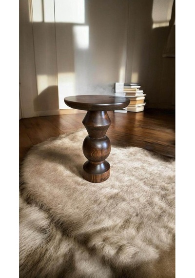 Wood Wooden Ahşap Tekli Mantar Yan Sehpa Modern Ceviz Renk Fiskos Kahverengi