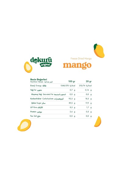 Original Mango Atıştırmalık Meyve Cipsi - Dondurularak Kurutulmuş Mango - 20 Gr 0.75 LT - 2.5 LT - 12 KG