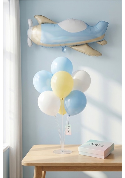 Retro Uçak Balon Stand Seti Şeffaf 7 Li Stand + Retro Uçak Folyo Balon 78 42 Cm + 7 Lateks Balon