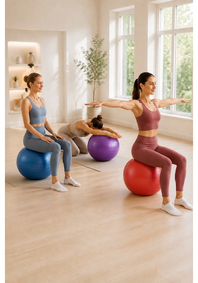 3 Lü Set 55 Cm Pilates Topu Ve Şişirme Pompası Mavi Mor Kırmızı Denge Yoga Fitness Egzersiz Topu Çok Renkli